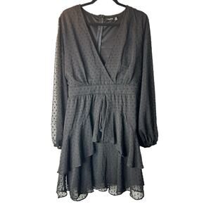 Boohoo Dress Size 16 Black Ruffle Hem Dobby Chiffon Swiss‎ Dots Long Sleeve Mini